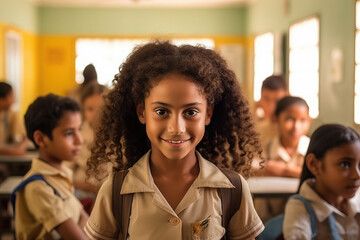 Illustration of a group of young Brazilian children sitting and interacting in a colorful classroom setting created with Generative AI technology
