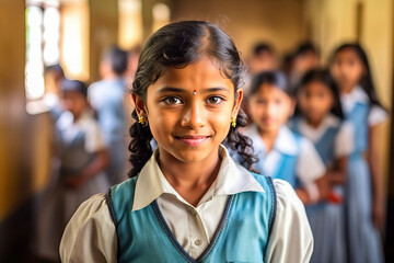 Obraz premium Illustration of a young Indian girl standing in front of a group of children on their first day back to school created with Generative AI technology