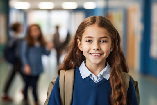 Illustration of a young Britis girl in a school uniform smiling at the camera created with Generative AI technology