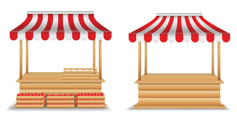 realistic market stall wooden kiosk or market stall with striped awning isolated. 3d illustration - obrazy, fototapety, plakaty