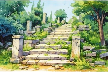 Natures old stone staircase. Outdoor steps amid lush grass and plants. The way and walk up to the temple. Illustration of exceptional quality
