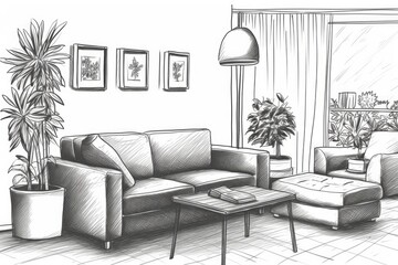 Interior living room furniture drawn in a straight line, with potted plants and a lamp on a chair. Doodle-inspired modern living room furnishings