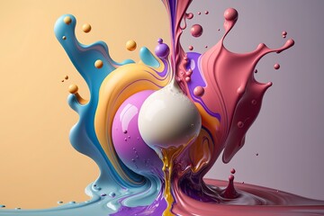 Fototapeta premium Vibrant 3D painting: Surrealistic, flowing textures meet colorful explosions and flowing fabrics in light orange and beige hues. Rendered in Cinema4D, stunning fusion of cyan and bronze. Generated AI