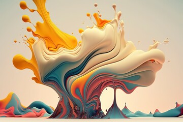 Vibrant 3D painting: Surrealistic, flowing textures meet colorful explosions and flowing fabrics in light orange and beige hues. Rendered in Cinema4D, stunning fusion of cyan and bronze. Generated AI