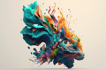 Vibrant 3D painting: Surrealistic, flowing textures meet colorful explosions and flowing fabrics in light orange and beige hues. Rendered in Cinema4D, stunning fusion of cyan and bronze. Generated AI