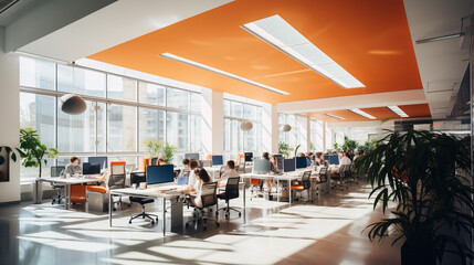 Vibrant open space office filled with natural light and bustling with productivity - obrazy, fototapety, plakaty