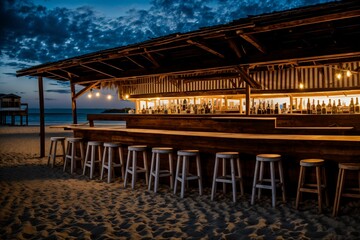 A deserted beach bar stools overturned as the night sets in