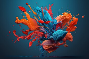 Vibrant 3D painting: Surrealistic, flowing textures meet colorful explosions and flowing fabrics in light orange and beige hues. Rendered in Cinema4D, stunning fusion of cyan and bronze. Generated AI