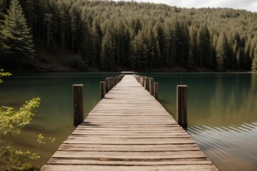 A dilapidated wooden pier leading out into a still lake - obrazy, fototapety, plakaty