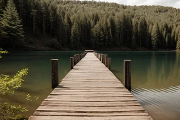Fototapeten A dilapidated wooden pier leading out into a still lake © Pixloom