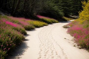 A hiker s trail of footprints turning into a path of blooming flowers