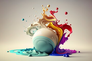 Vibrant 3D painting: Surrealistic, flowing textures meet colorful explosions and flowing fabrics in light orange and beige hues. Rendered in Cinema4D, stunning fusion of cyan and bronze. Generated AI