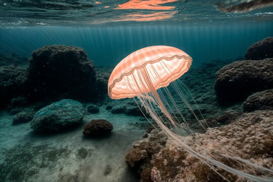 A jellyfish pulsating gently in a shallow tide pool