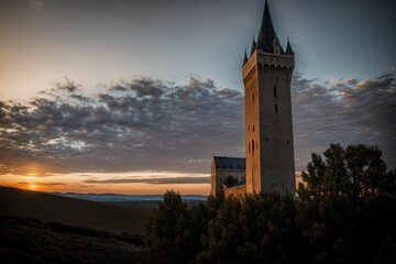 A mage s tower stretching into twilight painted in oils