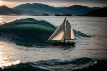 Fototapeta na wymiar A paper boat sailing into an ink wave