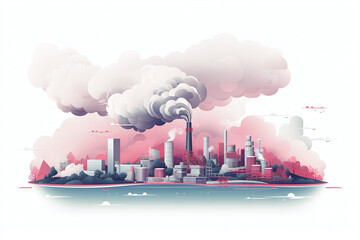 A simple drawing of a city skyline with pollution from chimneys. Generative AI