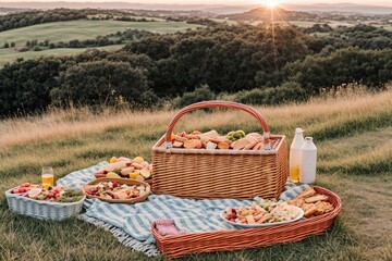 A picnic basket on a grassy hill overlooking a summer sunset