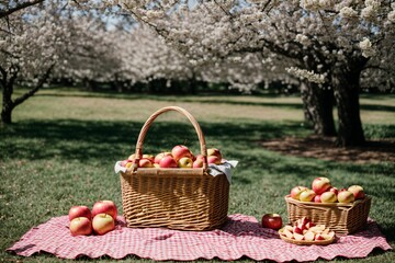 Fototapeta na wymiar A picnic basket waiting for its guests under a blossoming apple tree