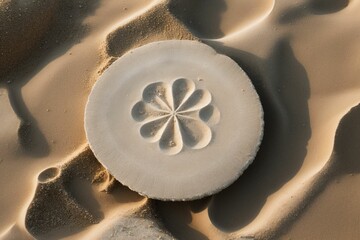 A sand dollar half buried in the wet beach sand