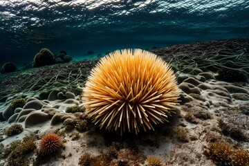 Naklejka na ściany i meble A sea urchin hiding under the seaweed at the water s edge
