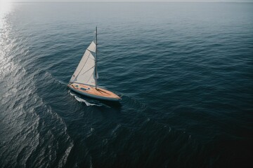 Fototapeta premium A single sailboat floating on a calm glassy sea
