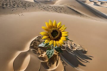 A single sunflower growing defiantly in a sandy dune
