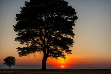 Obraz na płótnie Canvas A solitary tree standing tall against the backdrop of a setting sun