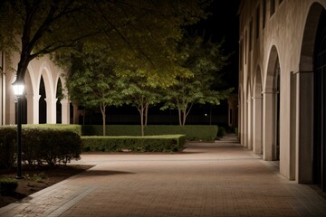 A university courtyard at dawn quiet and expectant