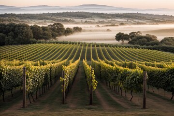 A vineyard at dawn rows vanishing in mist
