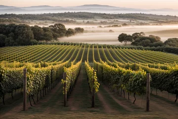 Poster de jardin Vignoble A vineyard at dawn rows vanishing in mist