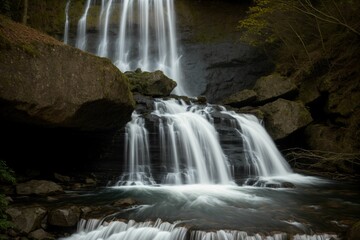 Fototapeta na wymiar A waterfall flowing upwards into a glowing sky
