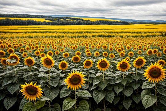 A vibrant sunflower field under a cloudy sky