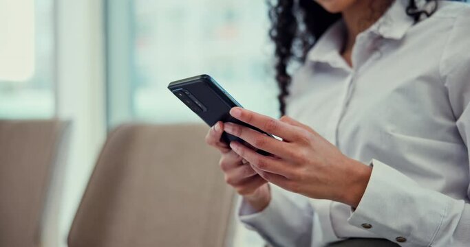 Professional, woman and hands with cellphone or scroll in closeup on for communication at office for lawyer. Email, tech and business with girl on online app for conversation at company for career.