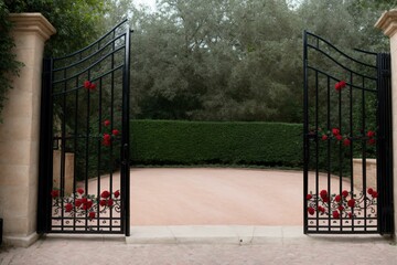 A wrought iron gate opening to reveal a labyrinth of roses