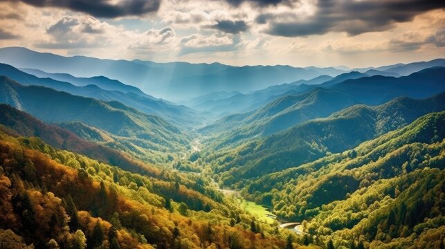 The Blue Ridge Mountains The Background Of This Wide-angle Shot Shows The Tiered Hills And Valleys Of The Great Smoky Mountains National Park.