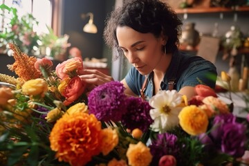 Creative florist preparing and decorating bouquet in flower shop