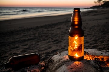 An empty beer bottle lying next to a bonfire at the beach