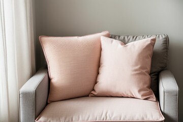 An empty chair with a pink cushion room for support