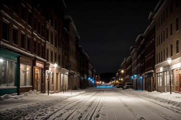 An empty street in a snow covered town lights glowing warmly