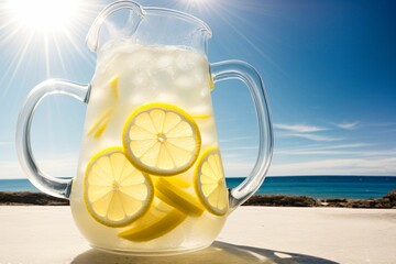 An ice cold pitcher of lemonade sweating in the sun