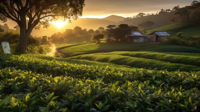 Sun setting over a tea plantation