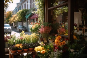 Fototapeta na wymiar Small business. Flower shop interior. Floral design studio