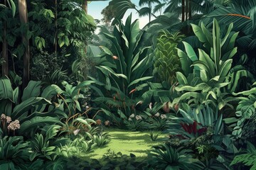 Naklejka na ściany i meble The digital artwork depicts a cartoon-like green tropical jungle replete with banana palms and exotic vegetation.