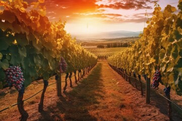 Fototapeta premium Ripe wine grapes cultivated on vines in Tuscany, Italy. Gorgeous vineyard and winery. the setting sun