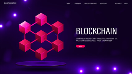 3D pink blocks on the podium. A web banner with the blockchain concept on a dark blue and purple background with text.
