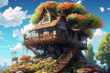 On top of the hill is a tree house. Concept illustrations, photorealistic cartoon-style environment artwork, and digital CG concept art for video games