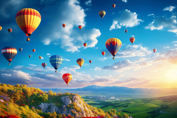 colorful hot air balloon flying over the hill against bright blue sky. - obrazy, fototapety, plakaty