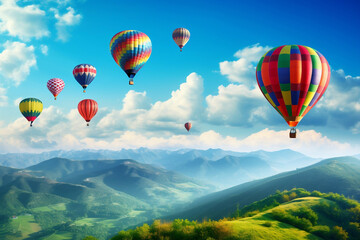 Fototapeta premium colorful hot air balloon flying over the hill against bright blue sky.