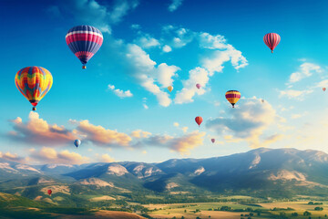 colorful hot air balloon flying over the hill against bright blue sky.