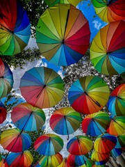 The sky of colorful umbrellas. Street with umbrellas in Fatih Balat Istanbul.